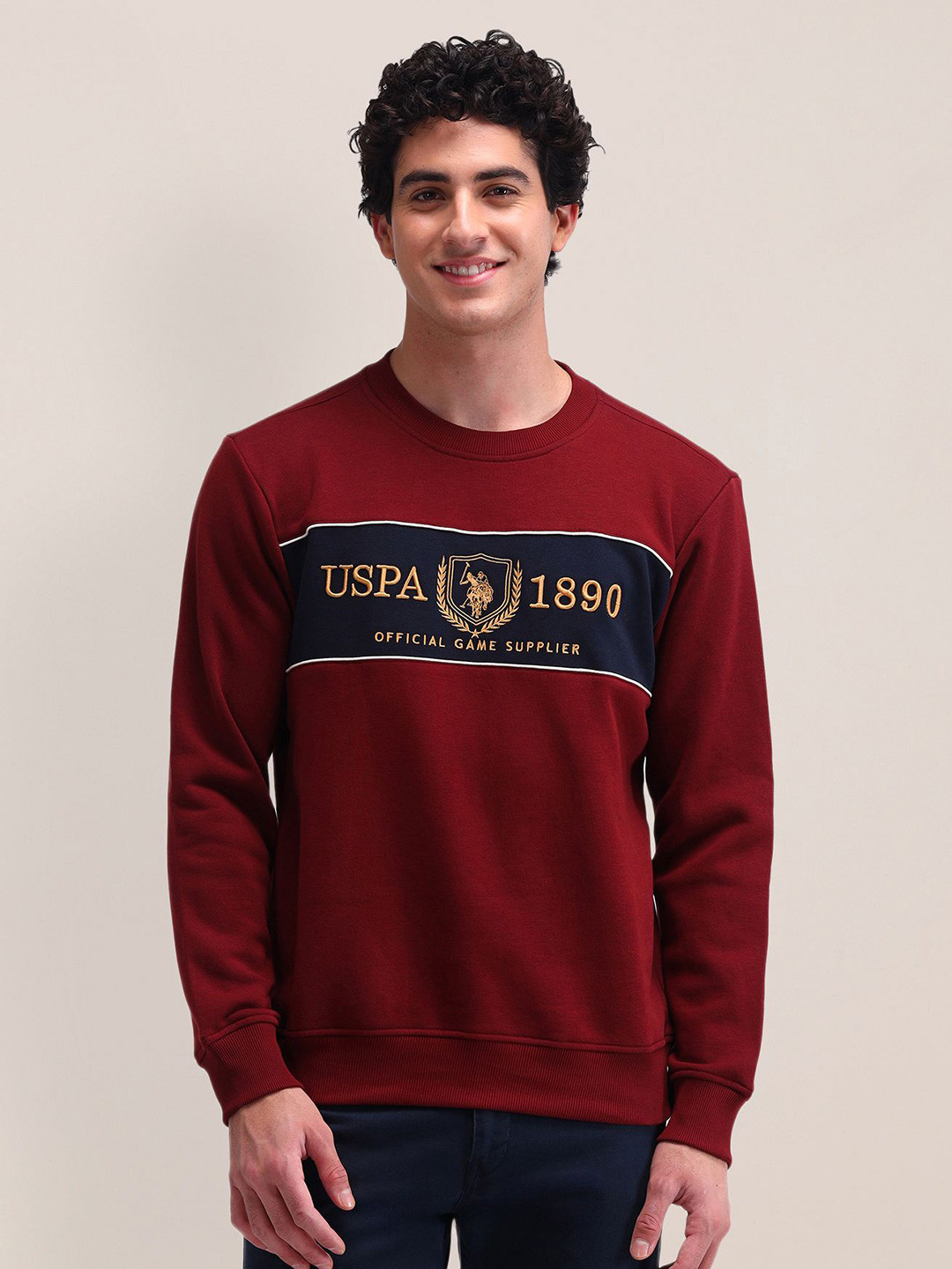 

U.S. Polo Assn. Men Printed Round Neck Cotton Pullover Sweatshirt, Maroon
