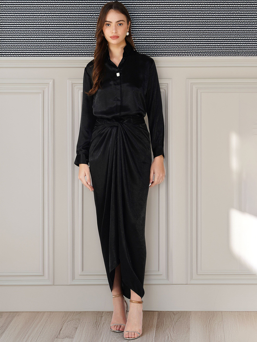 

Bindigasm Cosmopolitan Collar Neck Silk Satin Shirt With Stone & Drape Skirt, Black