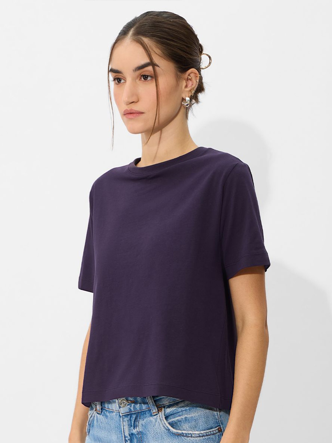 

The Souled Store Women Solid Round Neck Cotton Relaxed Fit T-shirt, Purple