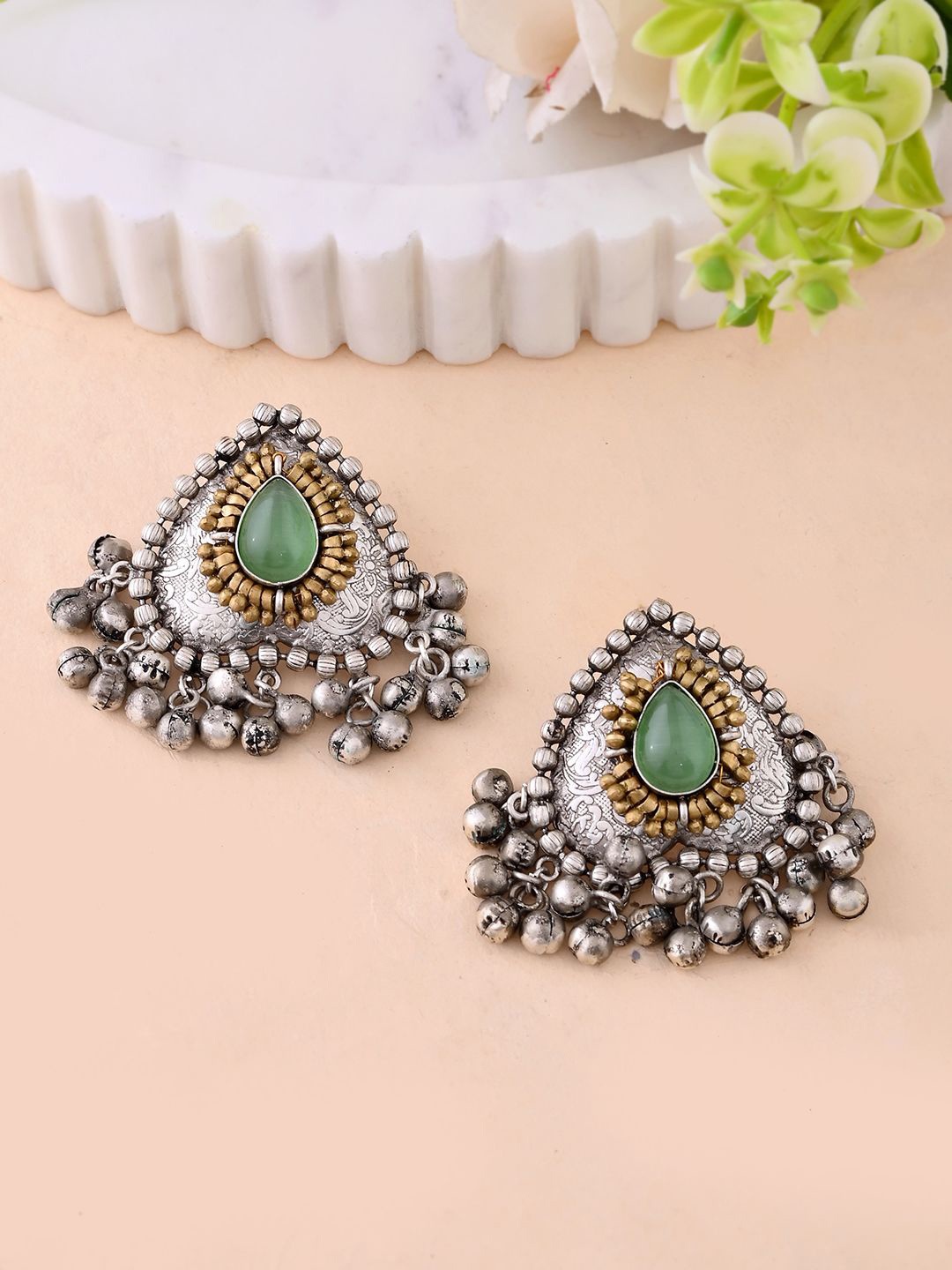 

Voylla Silver-Plated Stone Studded Contemporary Drop Earrings