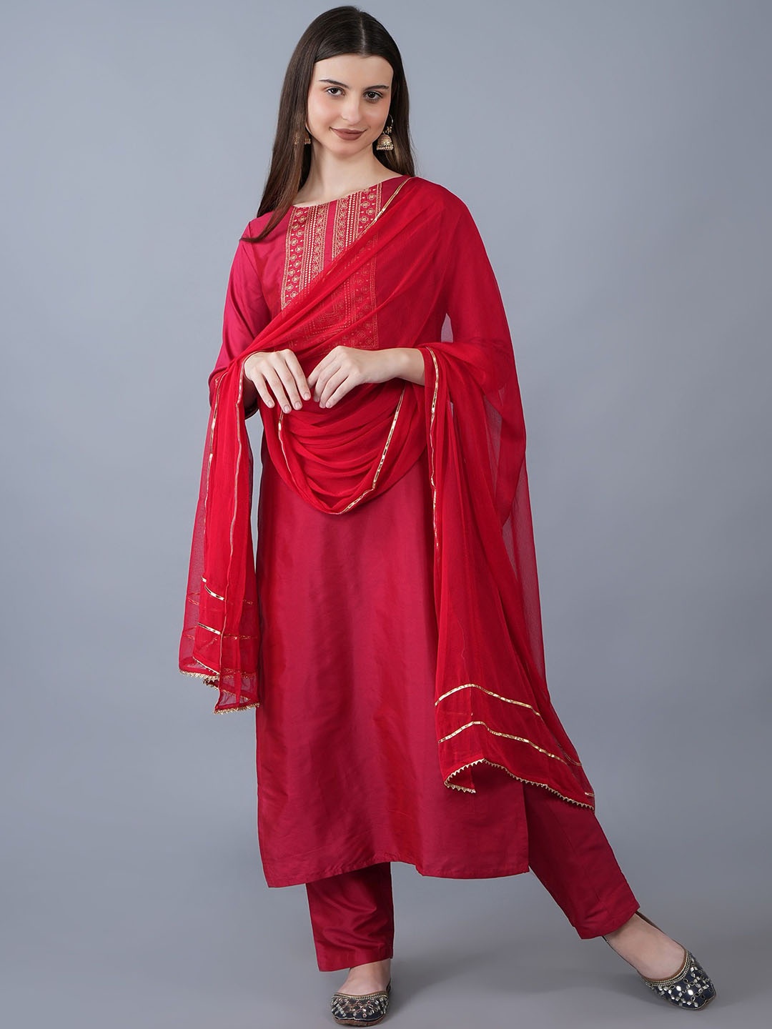 

KALINI Women Floral Embroidered Regular Patchwork Kurta with Trousers & With Dupatta, Red
