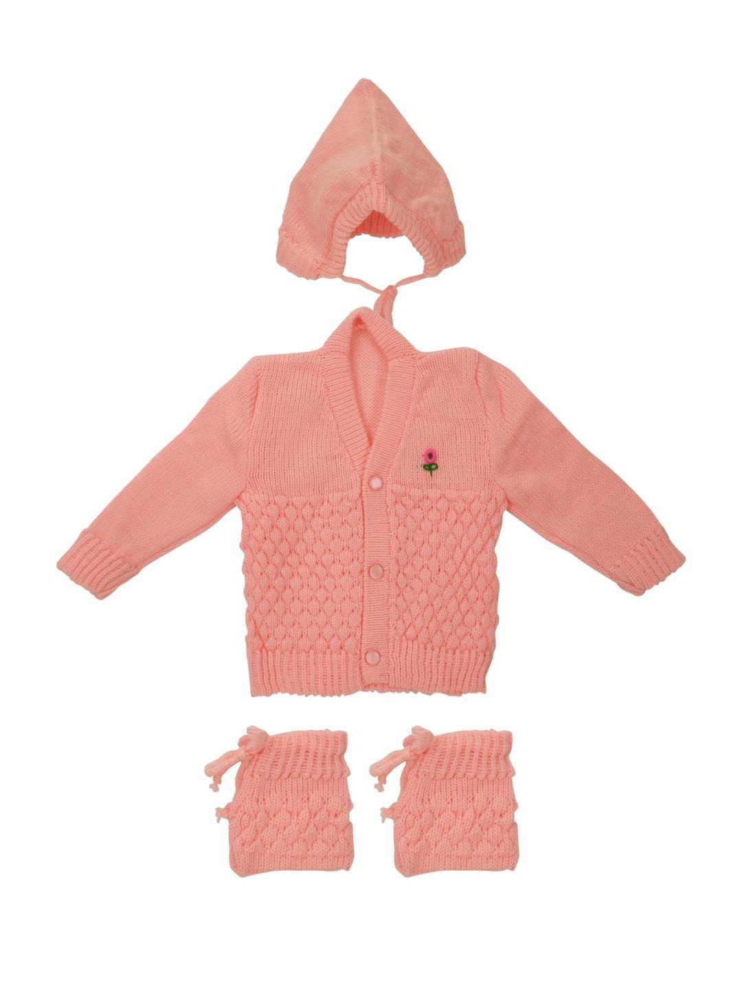 

CUBS & HUGS Kids Set Of 3 Pc Wool Knitted Embroidered Sweater With Cap & Booties, Peach