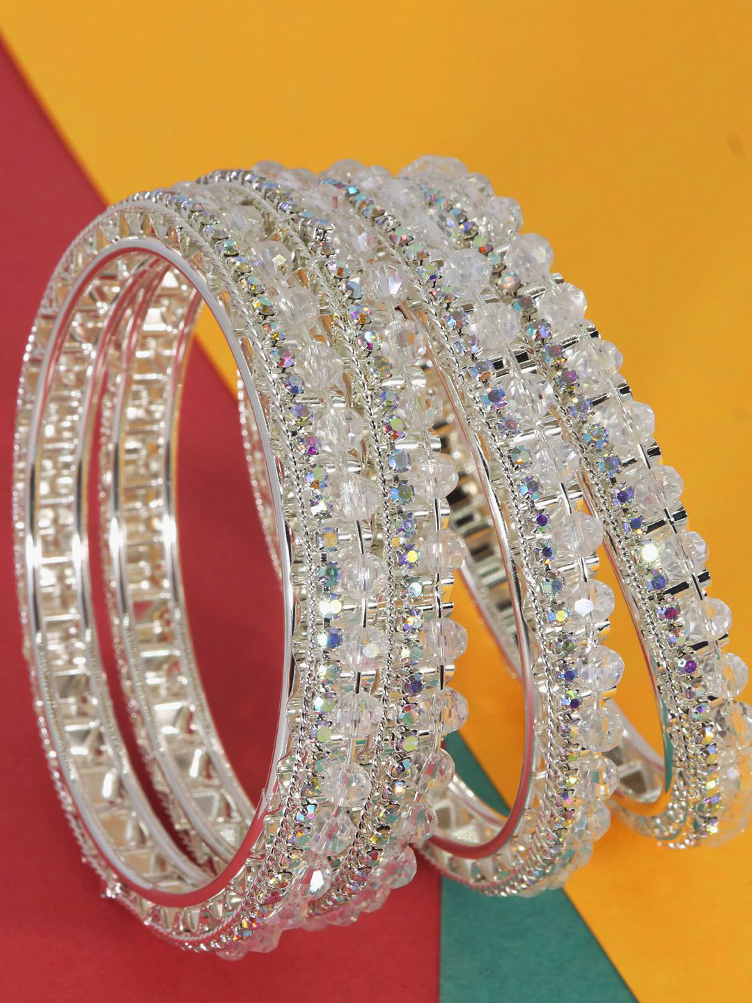 

ZULKA Set Of 4 Silver-Plated American Diamond-Studded Bangle