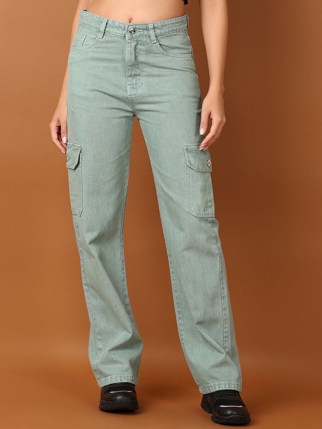 

V-Mart Women Straight Fit High-Rise Mildly Distressed Cotton Jeans, Green