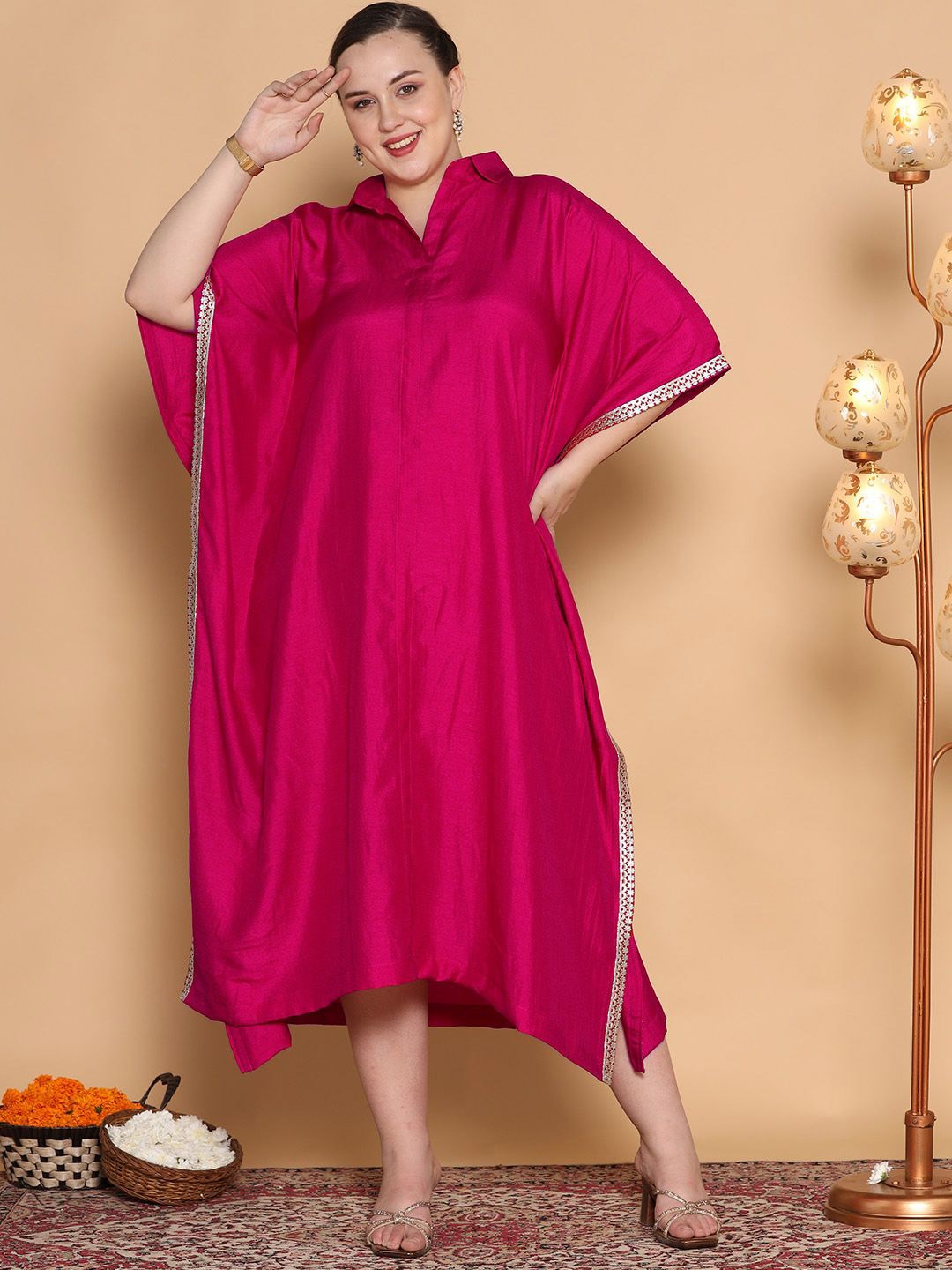 

LetsDressUp Women Plus Size Solid Embellished Kaftan Midi Dress, Magenta