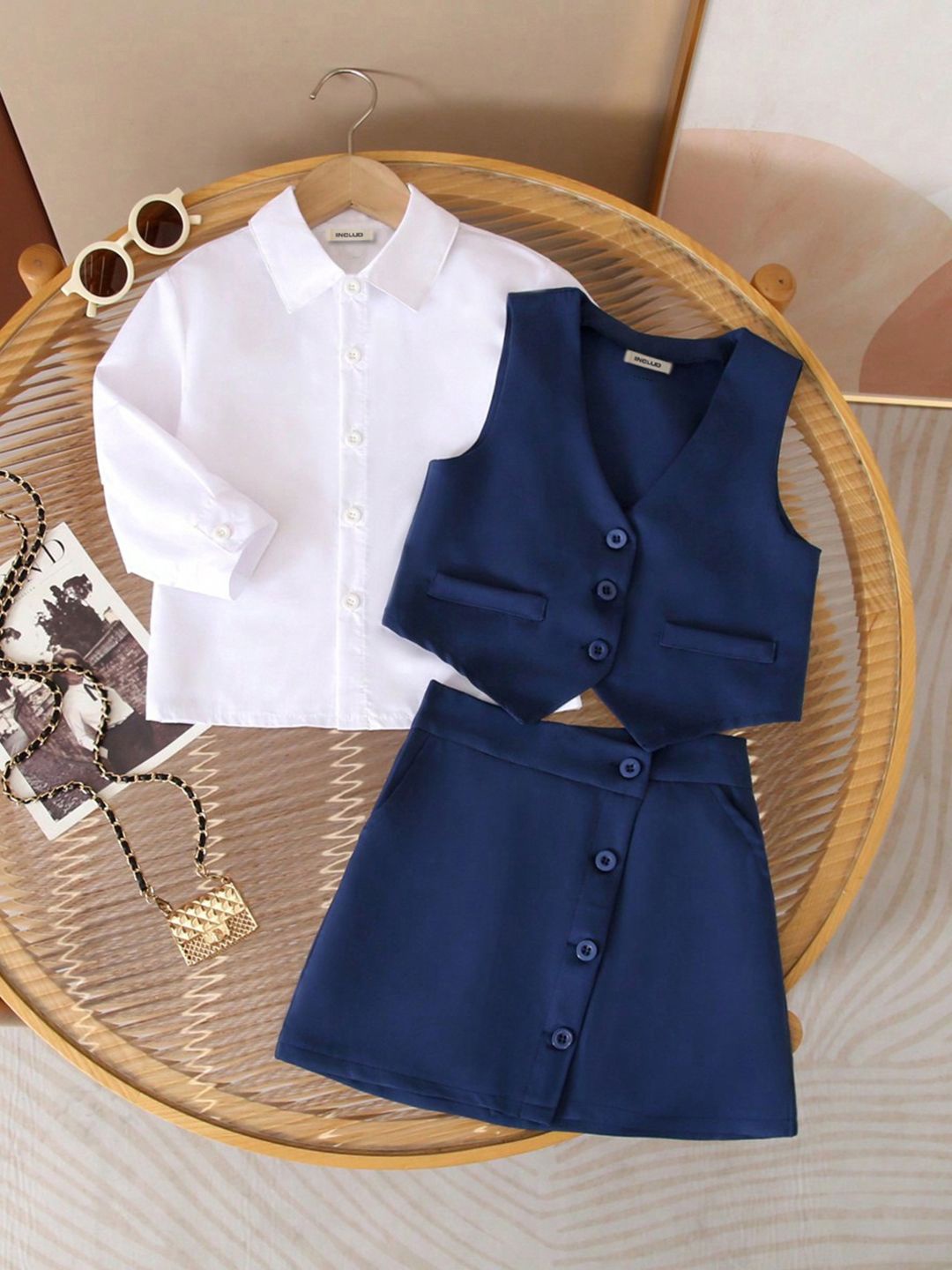 

INCLUD Girls Shirt with Skirt and Waistcoat Clothing Set, Navy blue