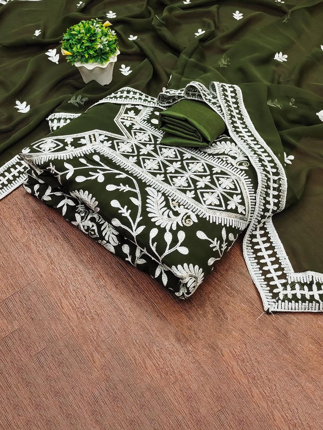 

KALINI Ethnic Motifs Embroidered Sequinned Unstitched Dress Material, Olive