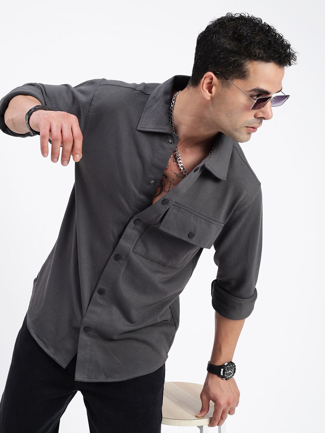 

SHOWOFF Men Standard Spread Collar Textured Cotton Casual Shirt, Grey