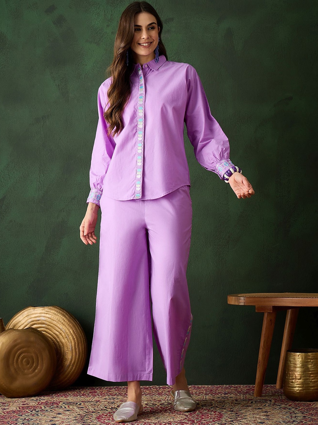 

Sangria Shirt Collar Pure Cotton Shirt With Palazzos, Purple