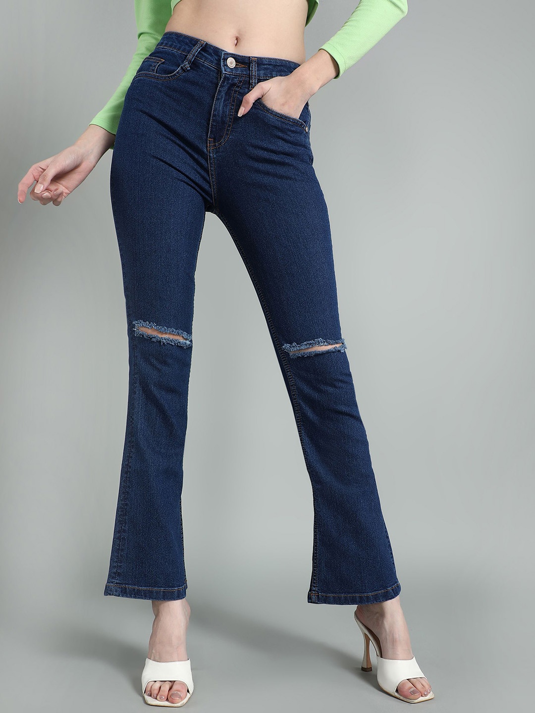 

BAESD Women Blue Cotton Bootcut Slash Knee Stretchable Jeans