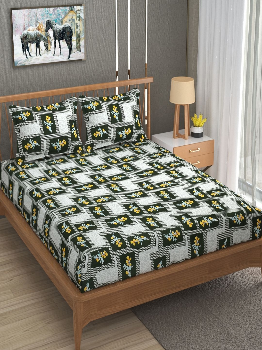 

AVI Black & White Floral Printed Cotton 180 TC Double King Bedsheet Set 2.54 x 2.28 m