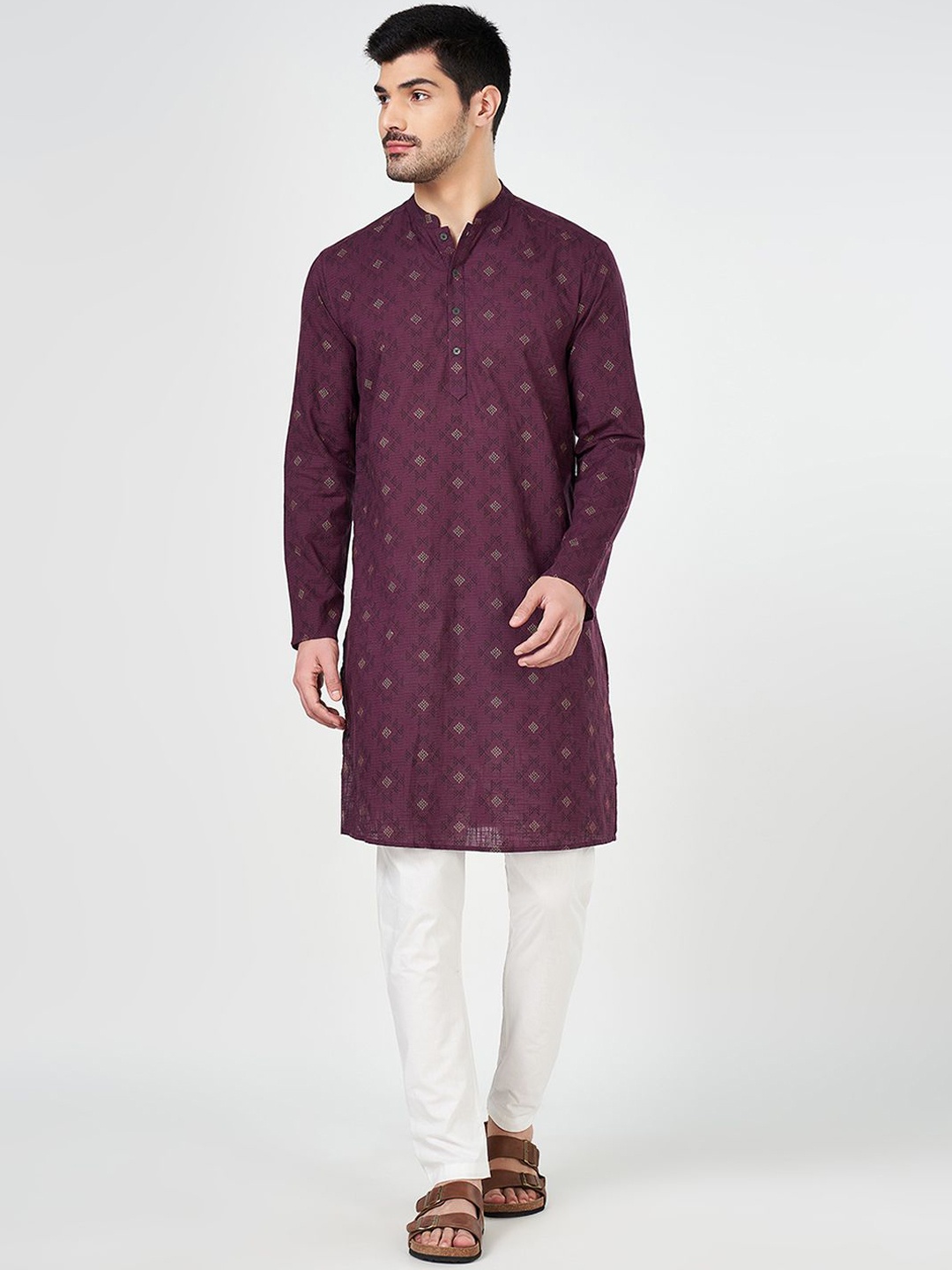 

indus route by Pantaloons Geometric Printed Mandarin Collar Cotton Straight Kurta, Purple