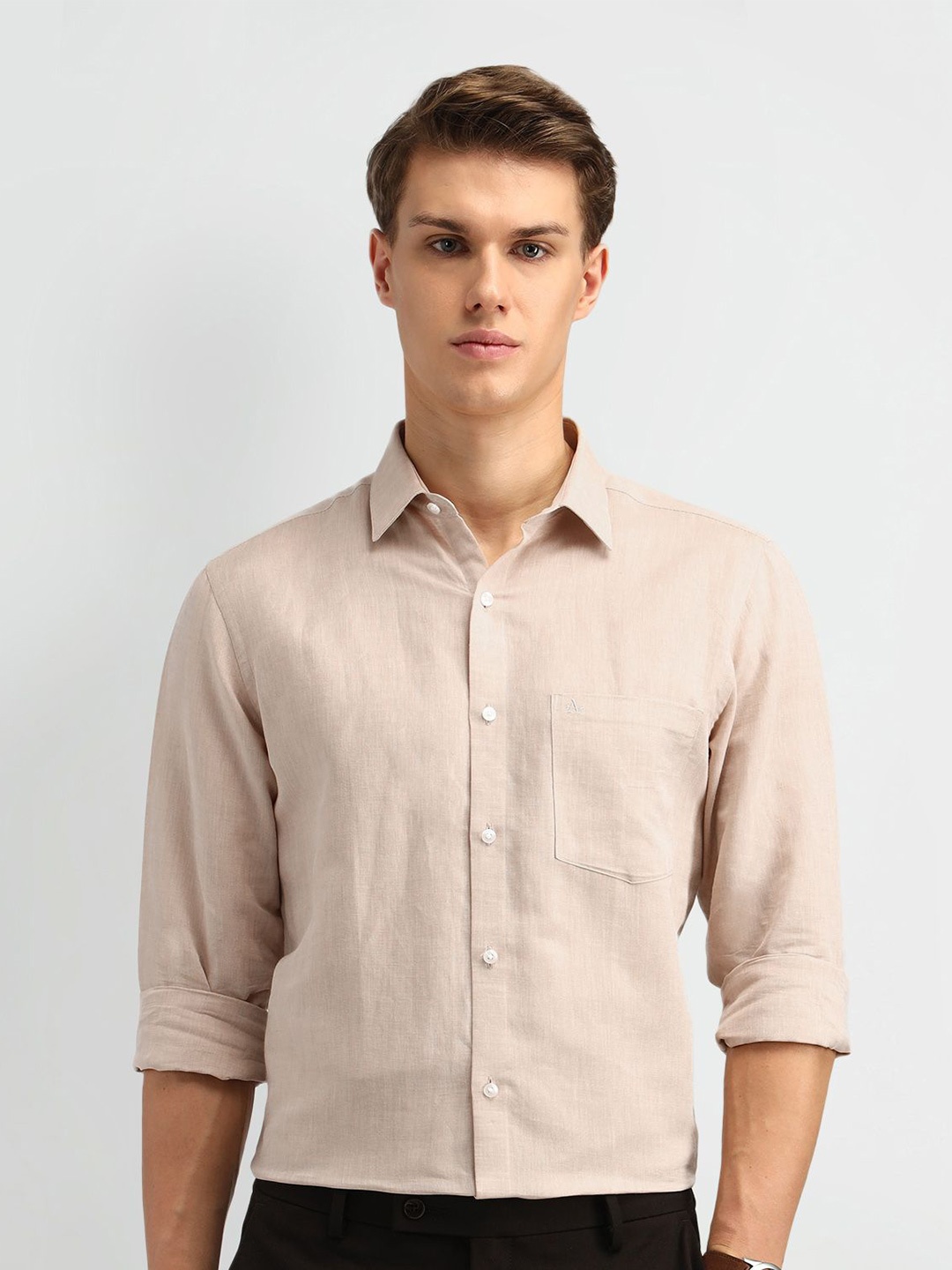 

Arrow Men Classic Spread Collar Solid Linen Casual Shirt, Beige