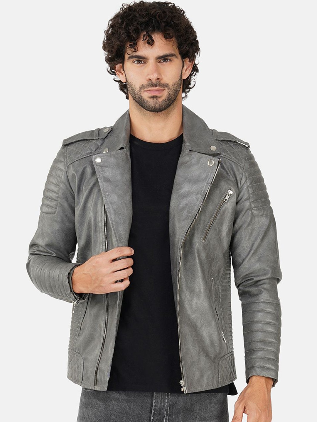 

BAESD Men Spread Collar Solid Casual Biker Jacket, Grey