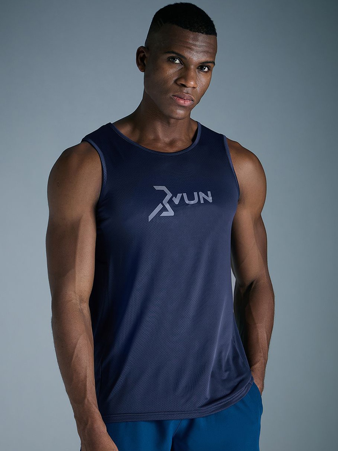 

SG Men Typography Printed Round Neck Gym Vests H3MV70332, Navy blue