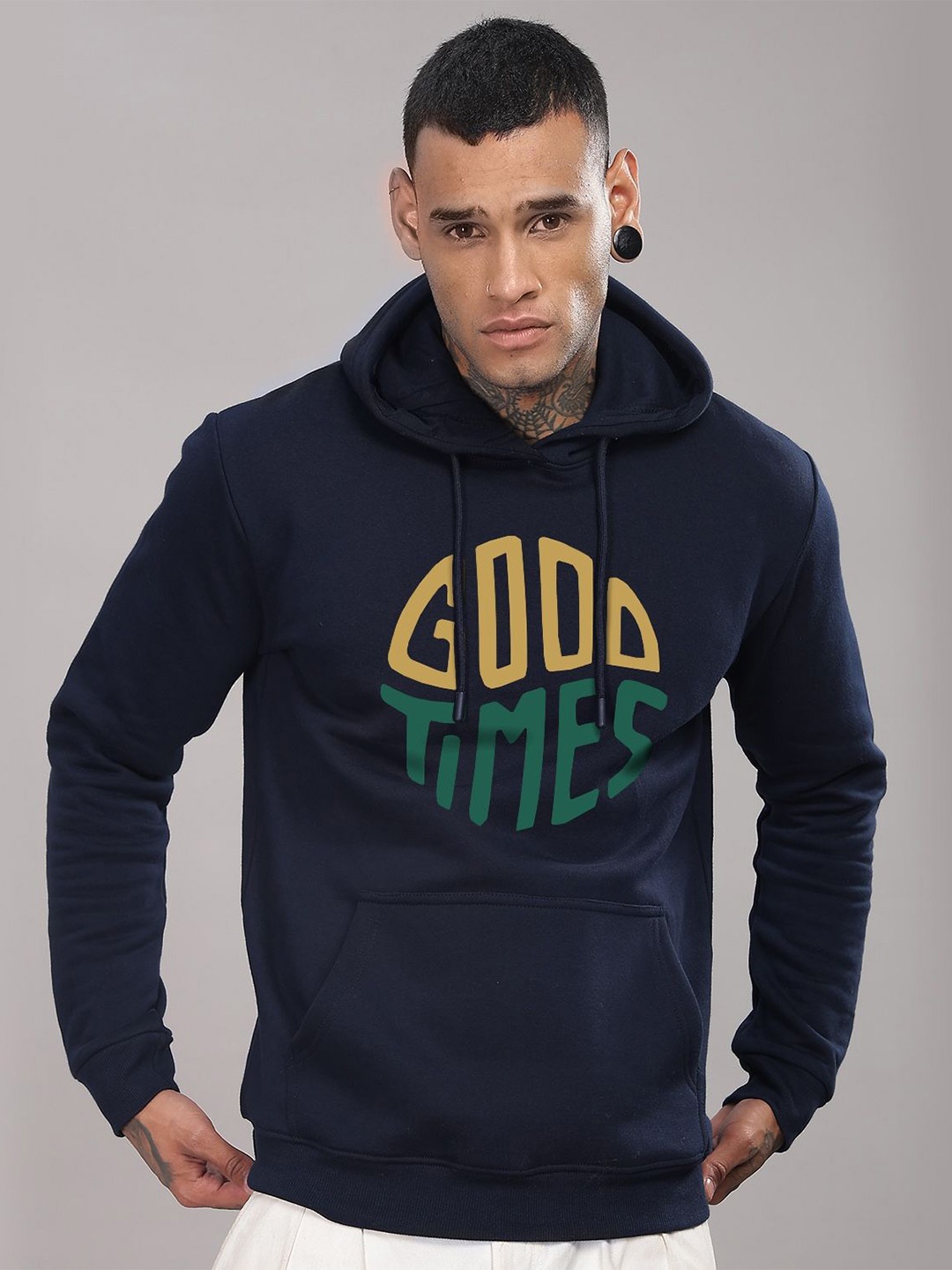 

ADRO Men Graphic Printed Hooded Sweatshirt, Navy blue