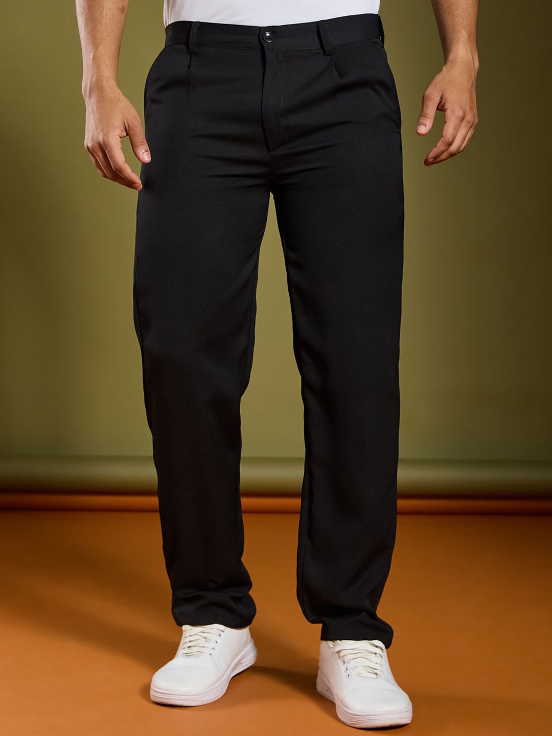 

AAHWAN Men Loose Fit High-Rise Trousers, Black