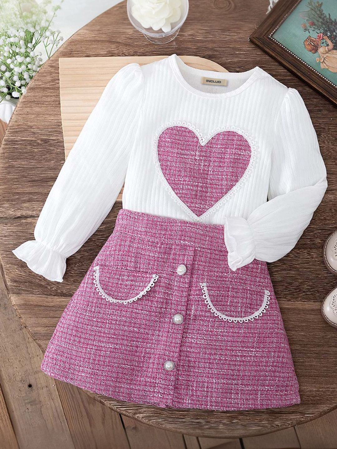 

INCLUD Girls Patch Work Top with Skirt Clothing Set, Pink