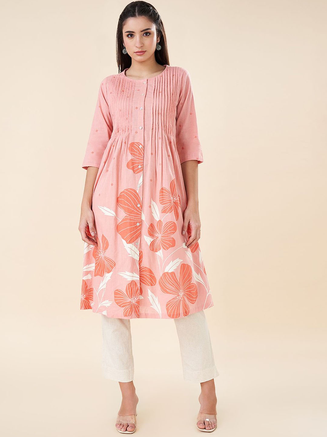 

RANGMANCH BY PANTALOONS Floral Printed Pure Cotton Pleated Straight Kurta, Pink