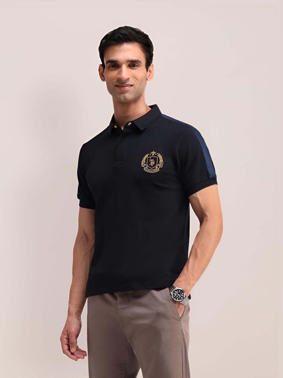 

U.S. Polo Assn. Men Brand Logo Printed Polo Collar Cotton Slim Fit T-shirt, Navy blue