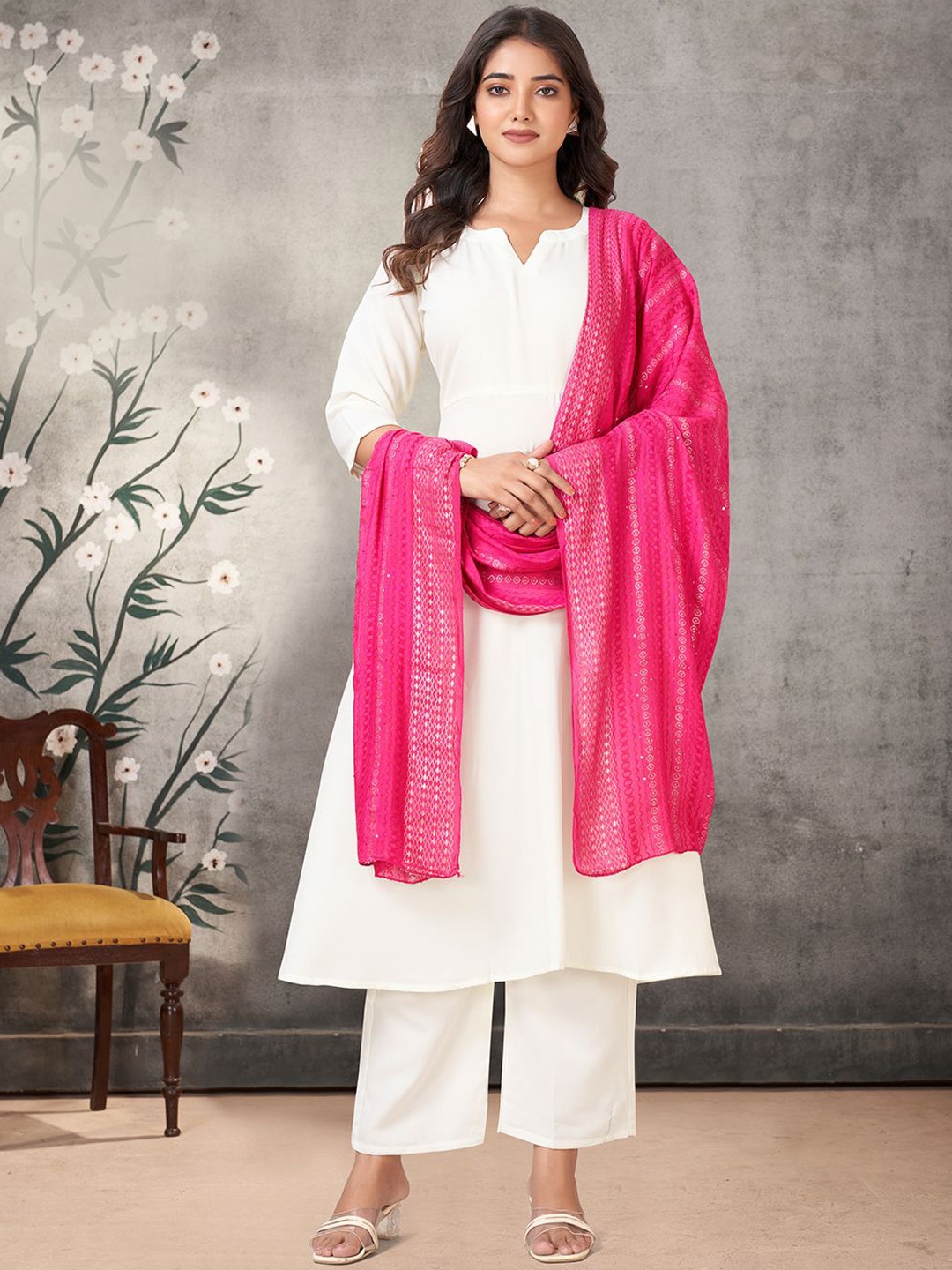 

KALINI Women Regular Kurta with Palazzos & With Dupatta, White