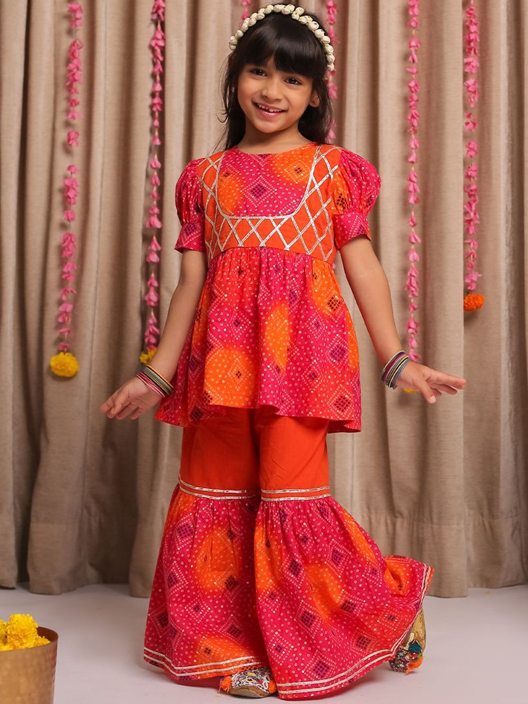 

Budding Bees Girls Bandhani Printed Gotta Patti Pure Cotton Kurti With Sharara, Orange