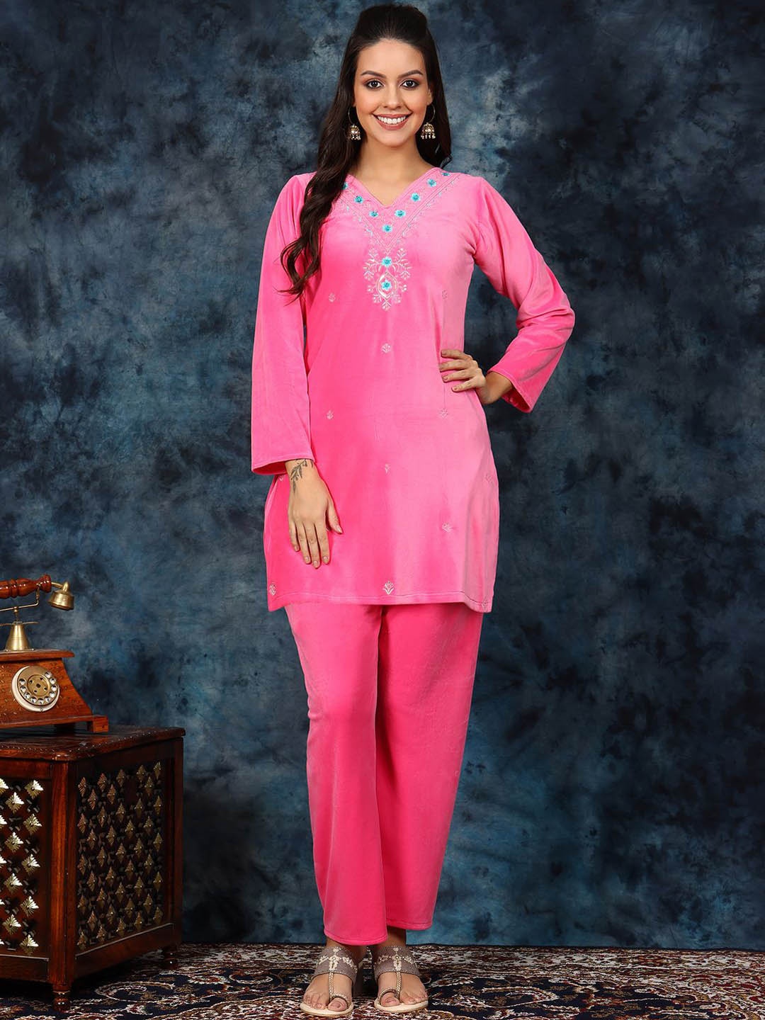 

KALINI Floral Embroidered Pure Woollen Straight Kurti With Trouser, Pink