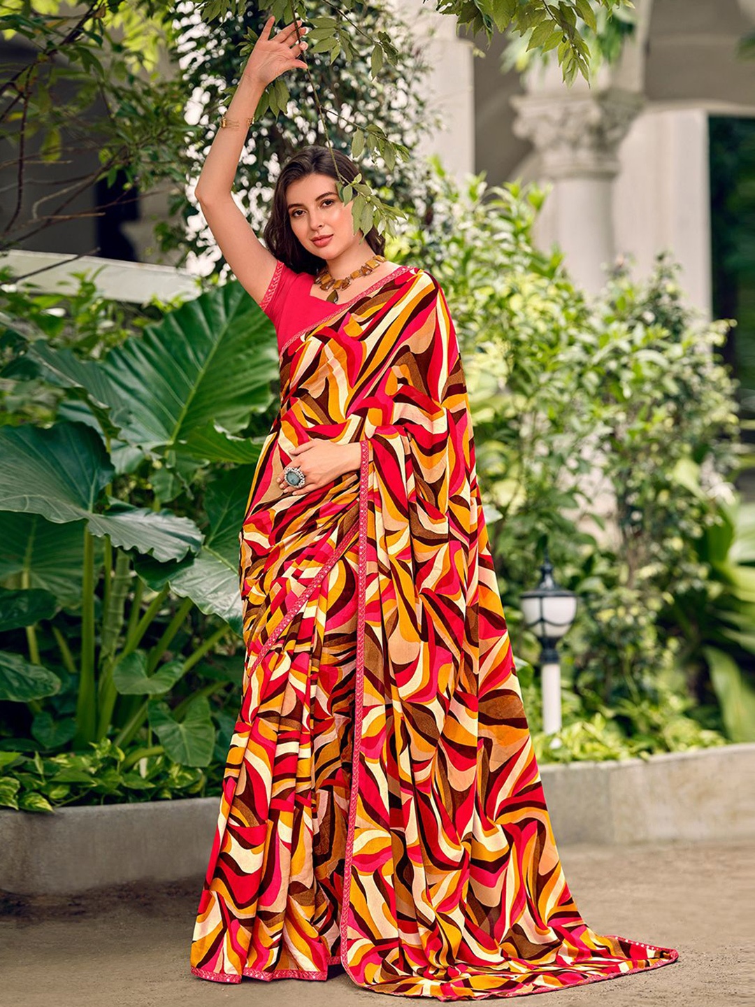 

SANSKAR Abstract Printed Saree, Red