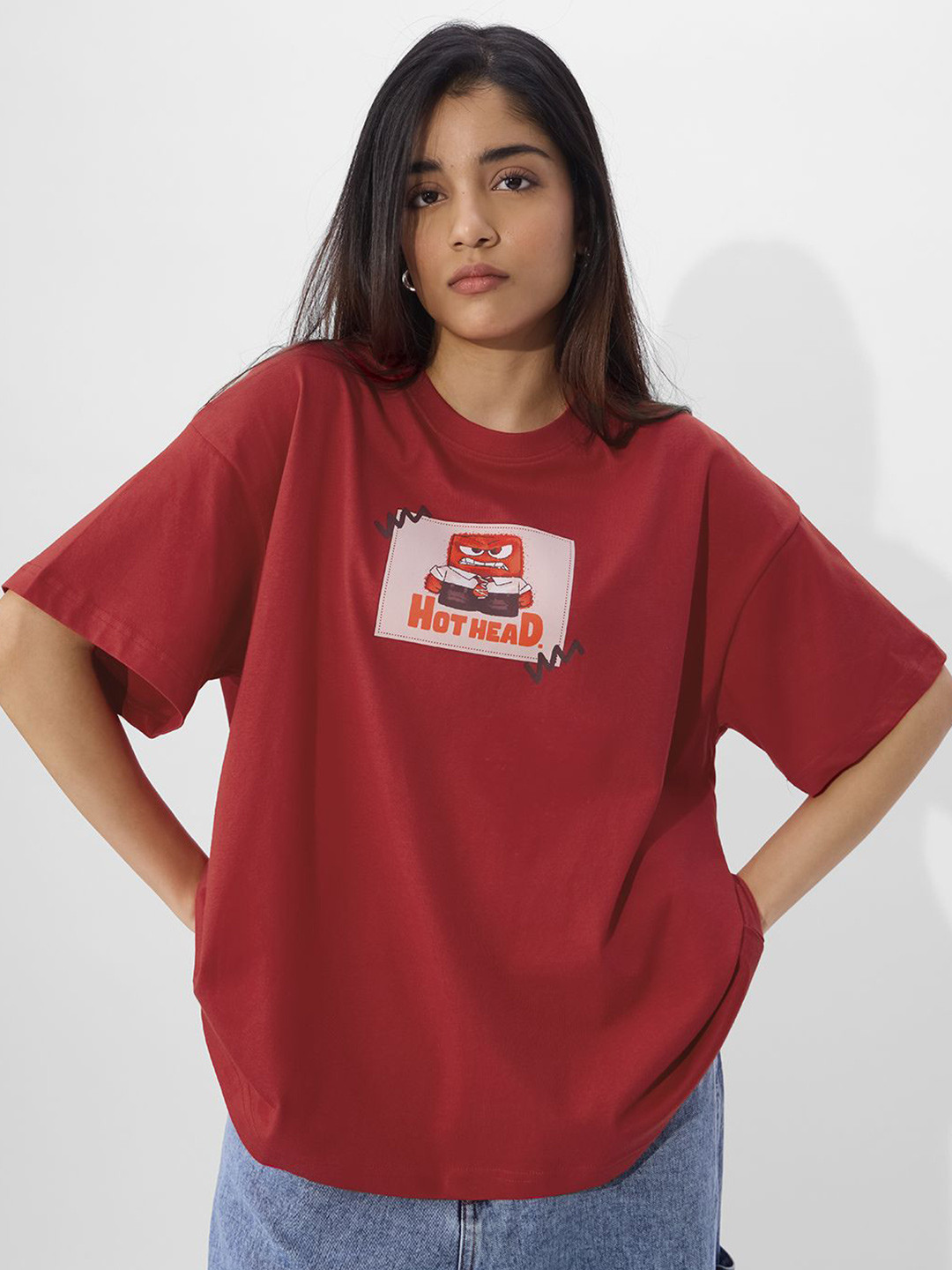

The Souled Store Women Disney Typography Printed Round Neck Cotton Oversized T-shirt, Red