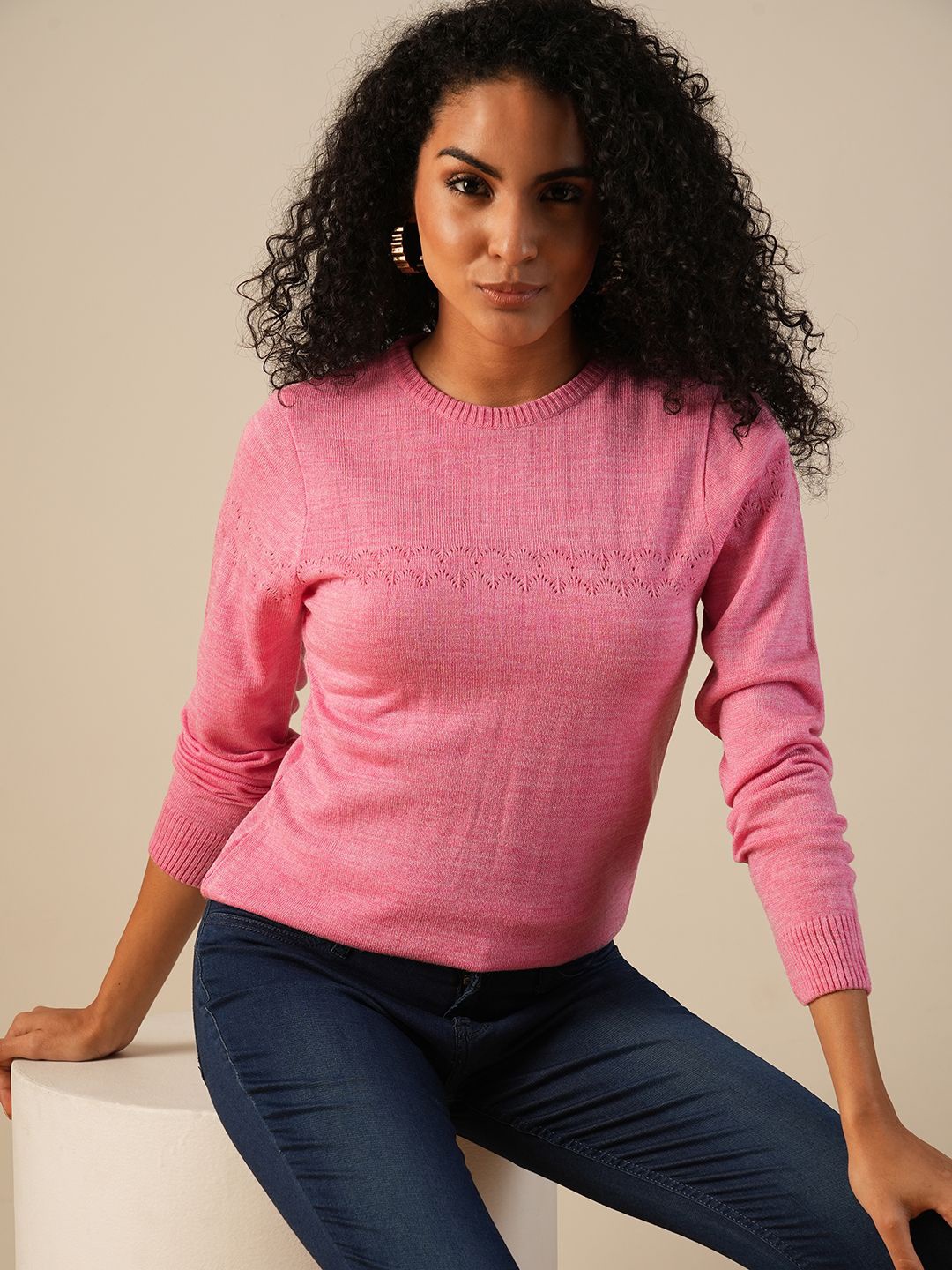 

Globus Round Neck Long Sleeves Self Design Knitted Ribbed Hem Pullover Sweater, Pink