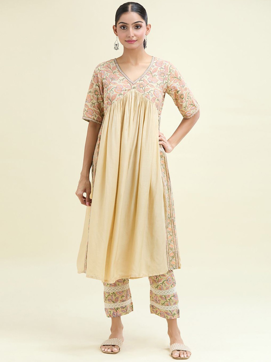 

Adara Khan Women Floral Printed Pleated Kurta with Trousers, Beige
