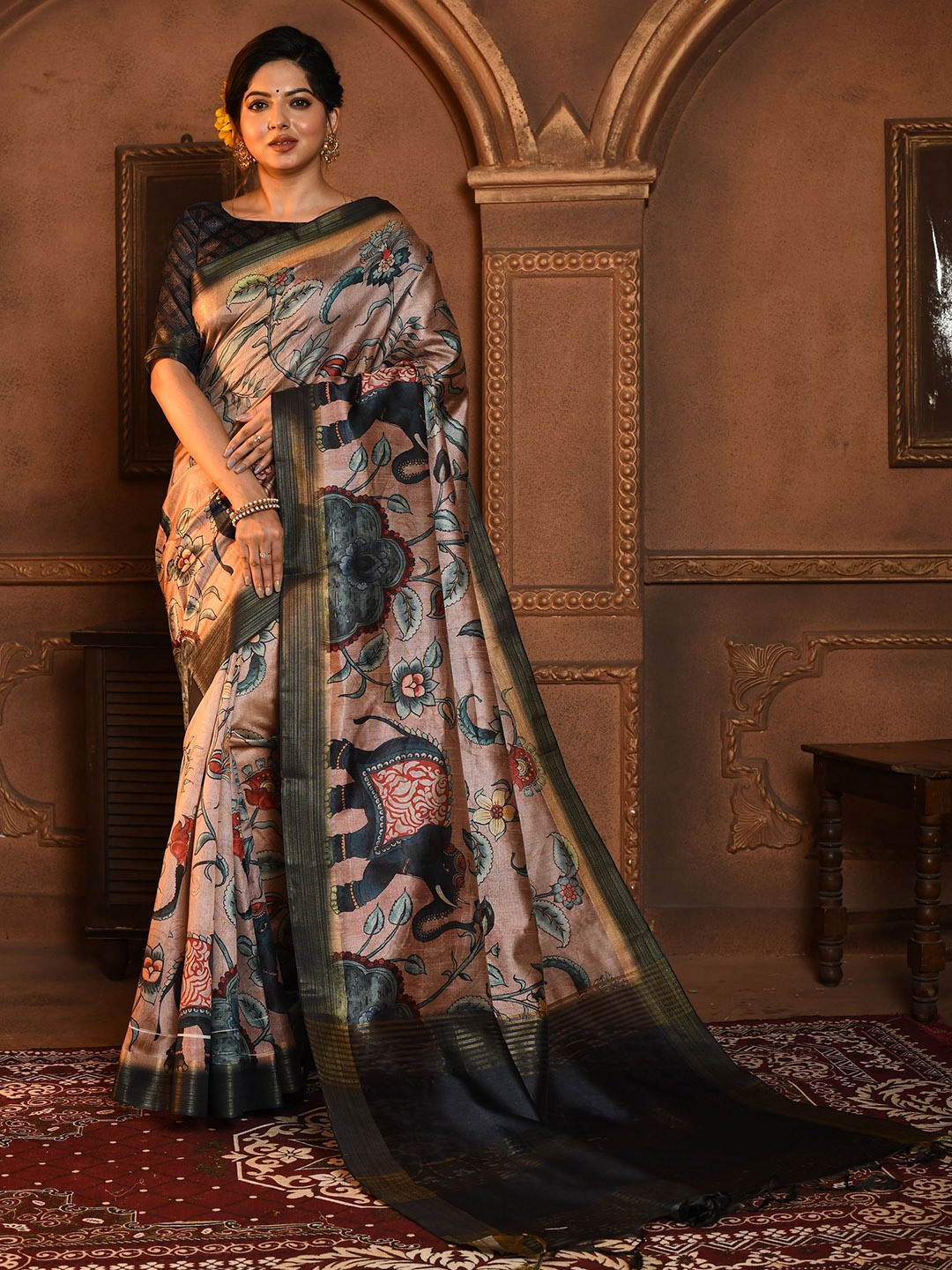 

Jinal & Jinal Woven Design Zari Pure Silk Tussar Saree, Peach