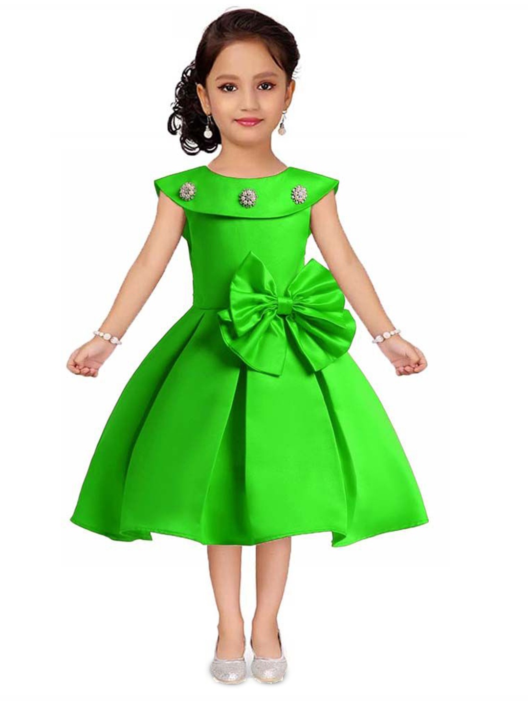 

Wish little Girl Accordion Pleats A-Line Dress with Bow, Green