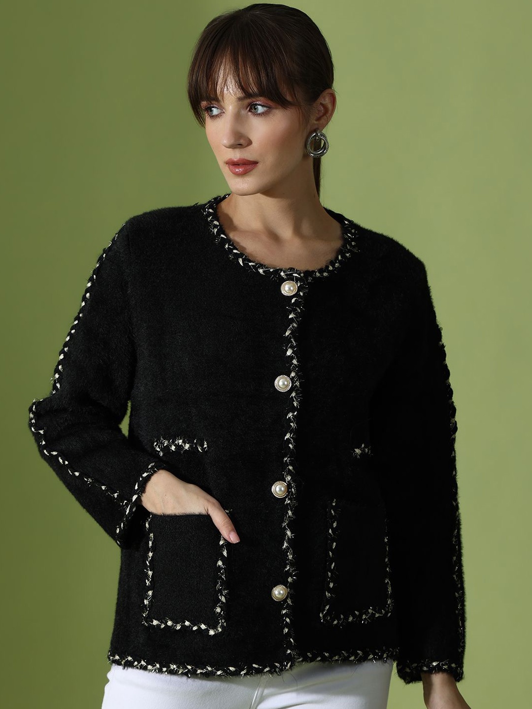 

KALINI Long Sleeves Woollen Cardigan, Black