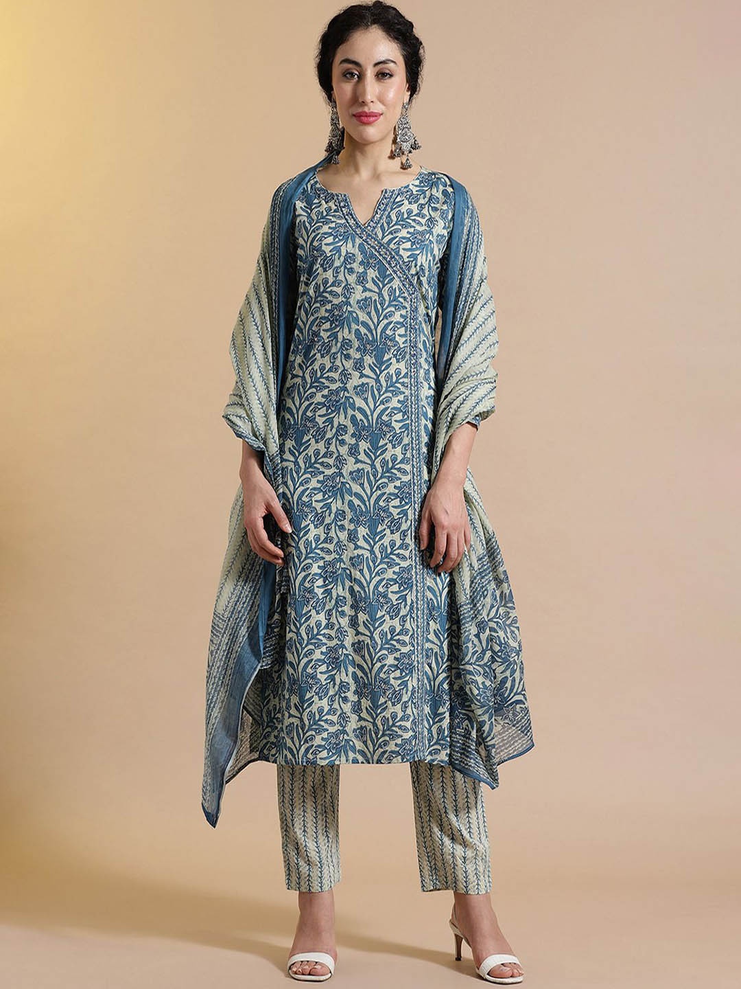 

Anouk Floral Printed Mirror Work Pure Cotton Kurta with Trouser & Dupatta, Blue