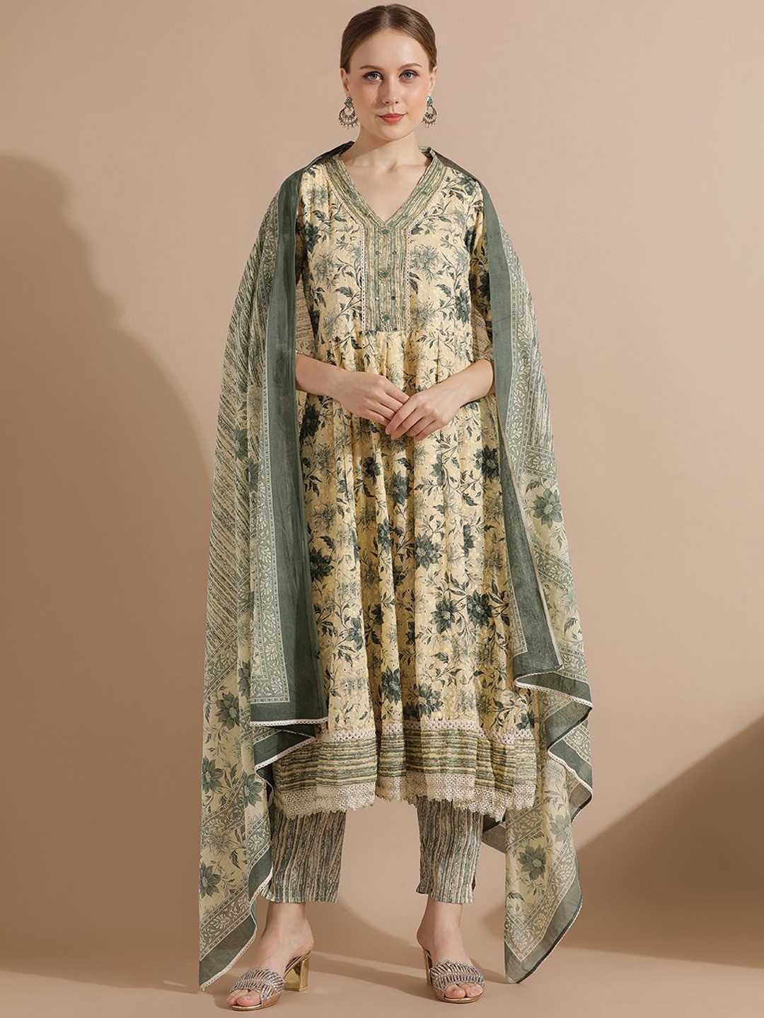 

Anouk Floral Printed Thread Work Pure Cotton Anarkali Kurta with Trousers & Dupatta, Olive