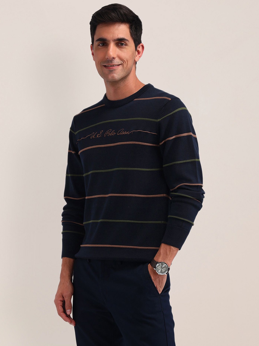 

U.S. Polo Assn. Men Striped Long Sleeves Round Neck Pullover Sweaters, Blue