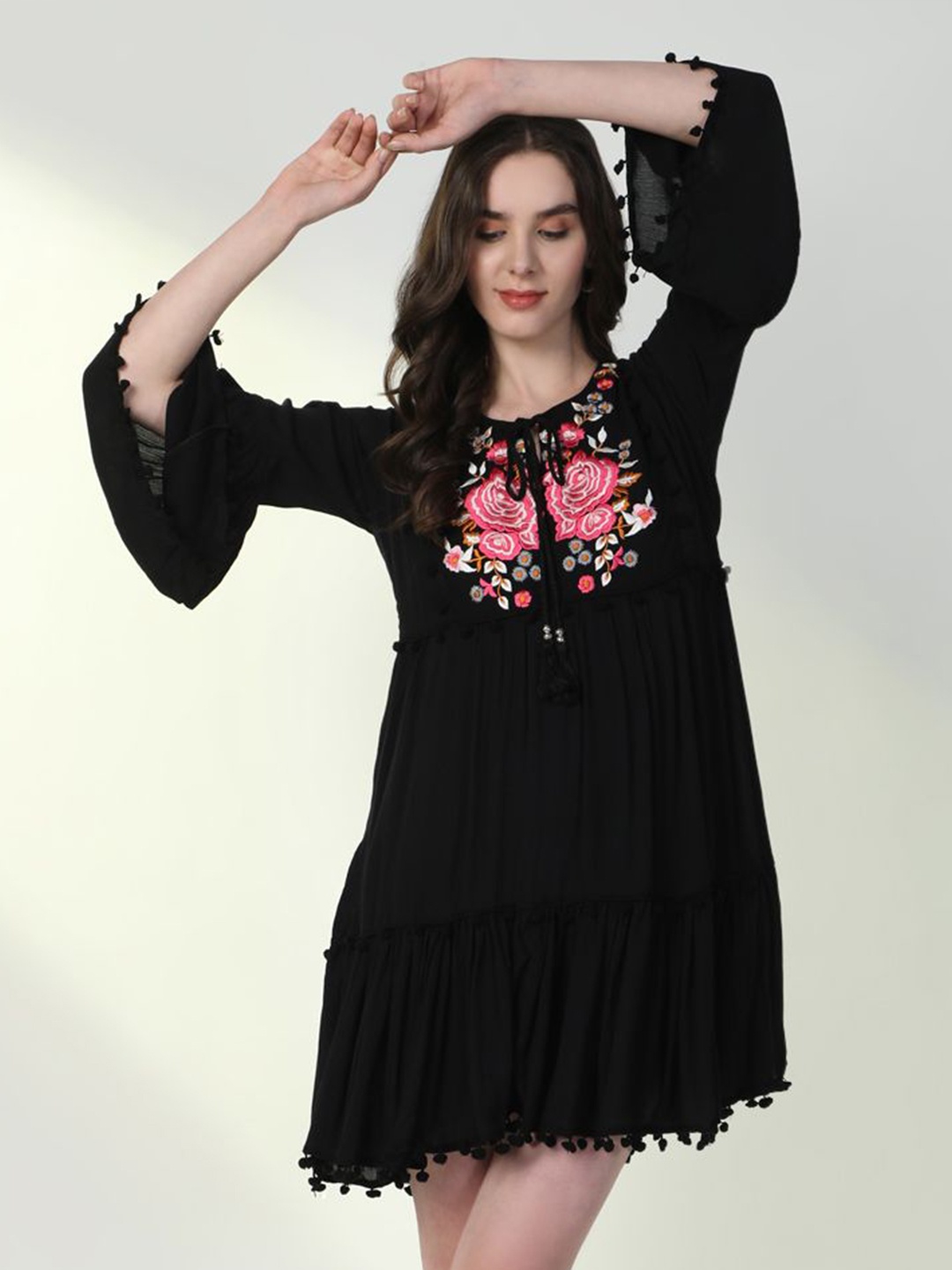 

SHOWOFF Womens Cotton Tie-Up Neck Empire Dress, Black