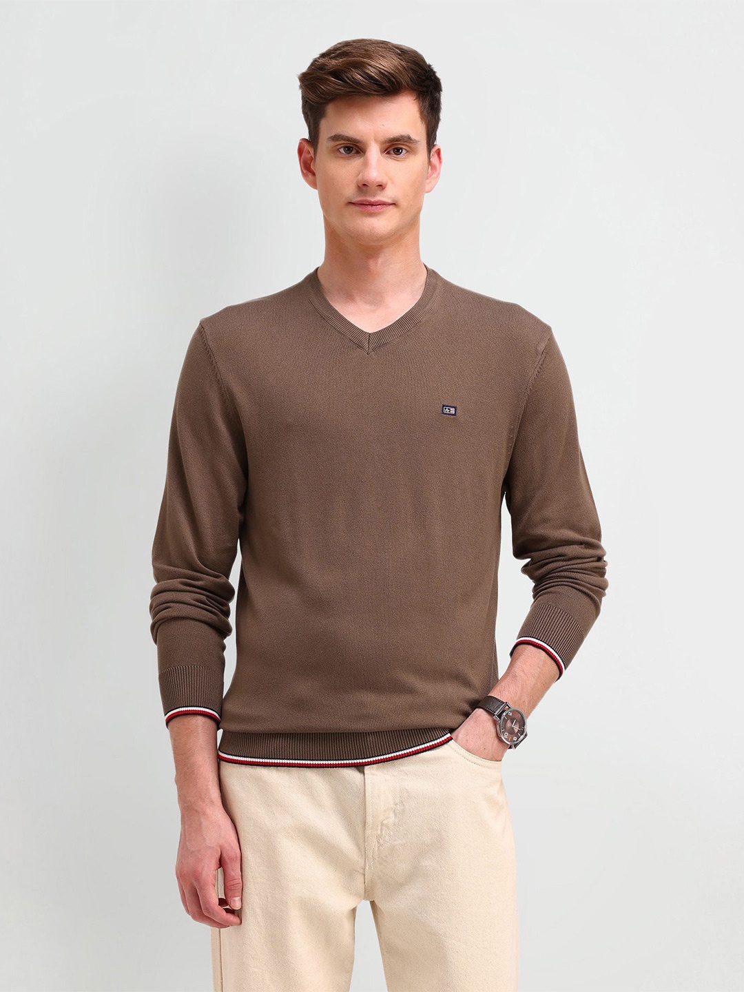 

Arrow Sport Men Long Sleeves V-Neck Sweater Pullover, Brown
