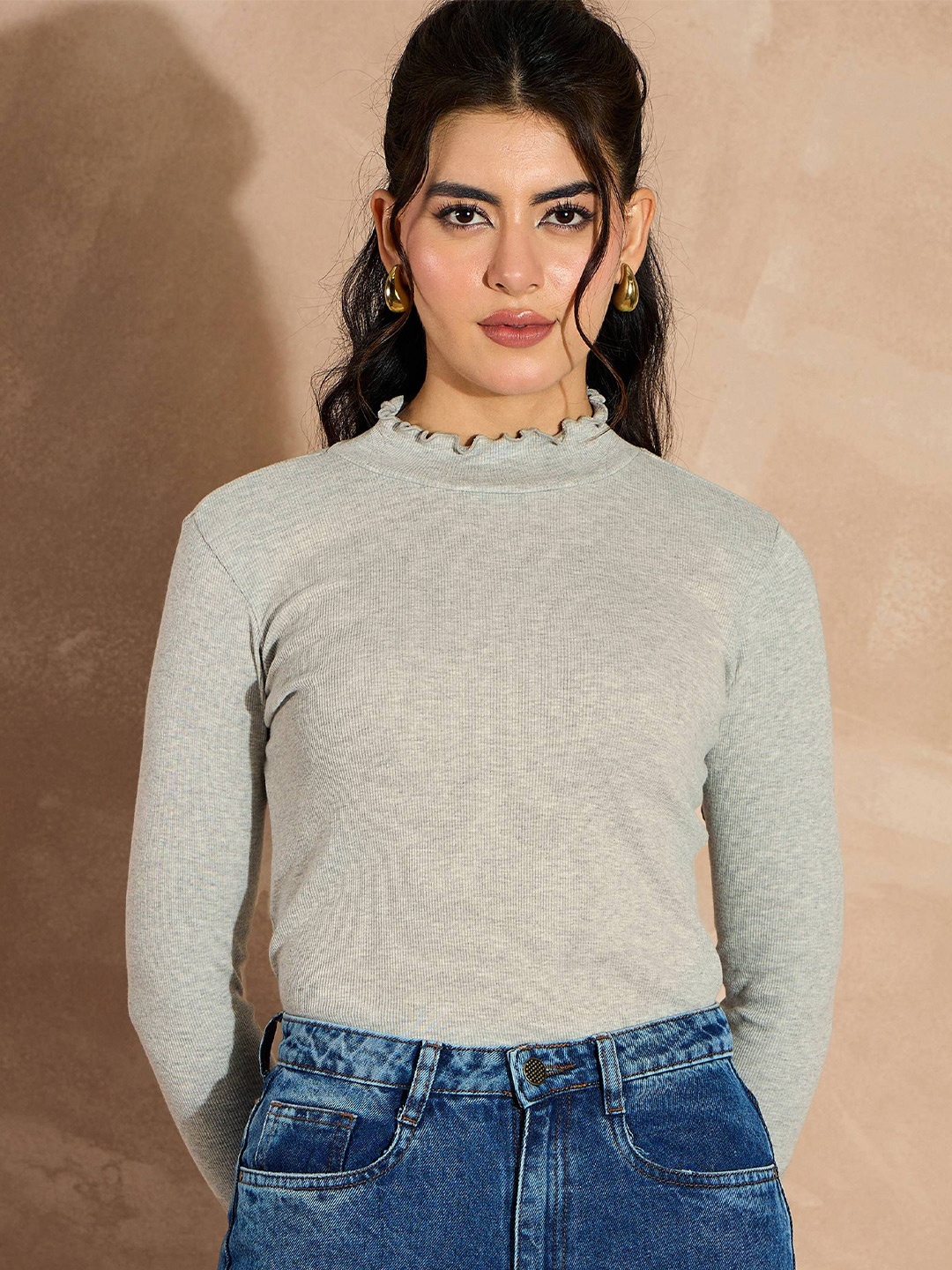 

SASSAFRAS Women Grey Long Sleeves High Neck Top, Grey melange