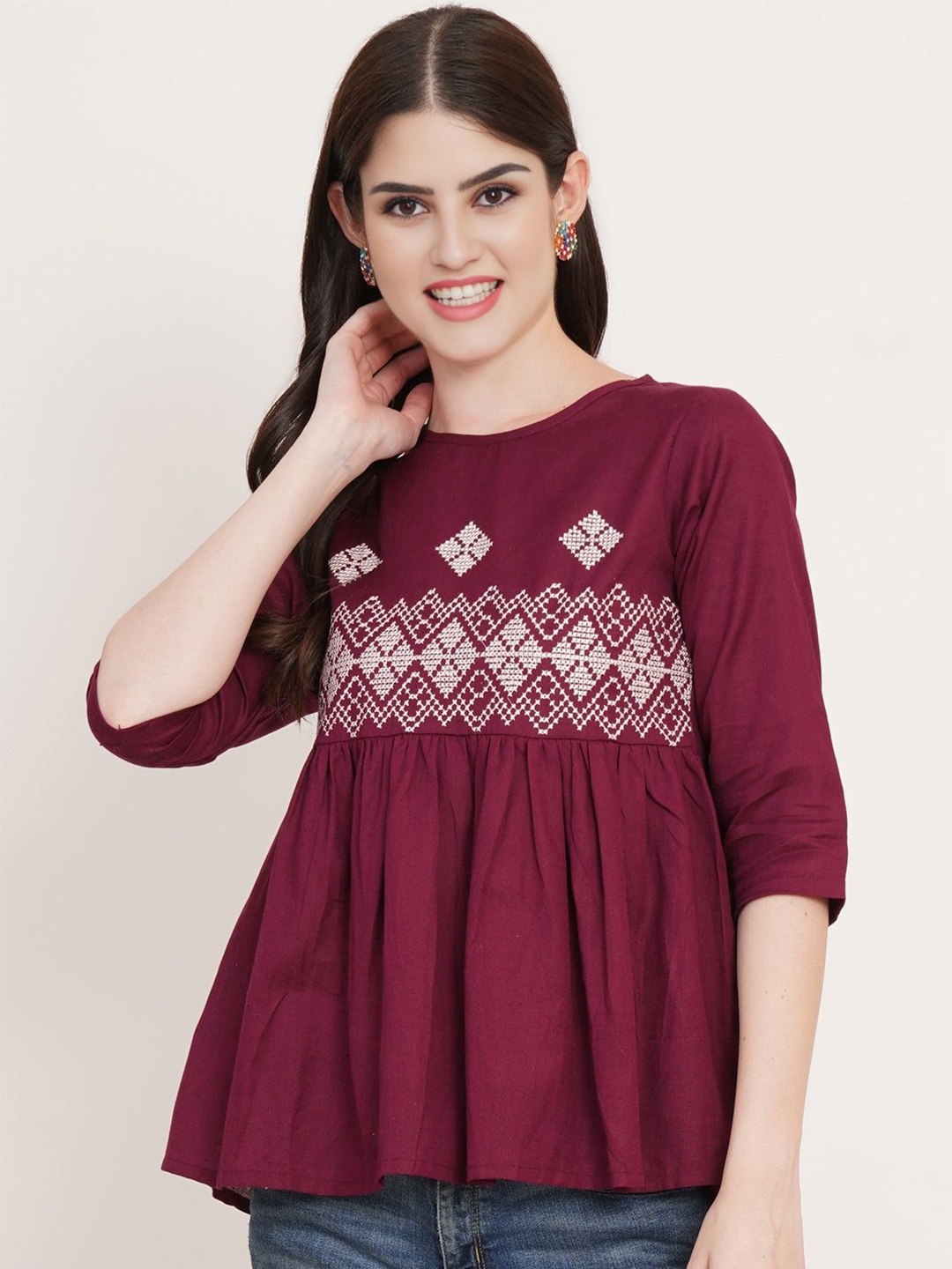

Brownverse Women Geometric Embroidered Cotton Empire Top, Maroon