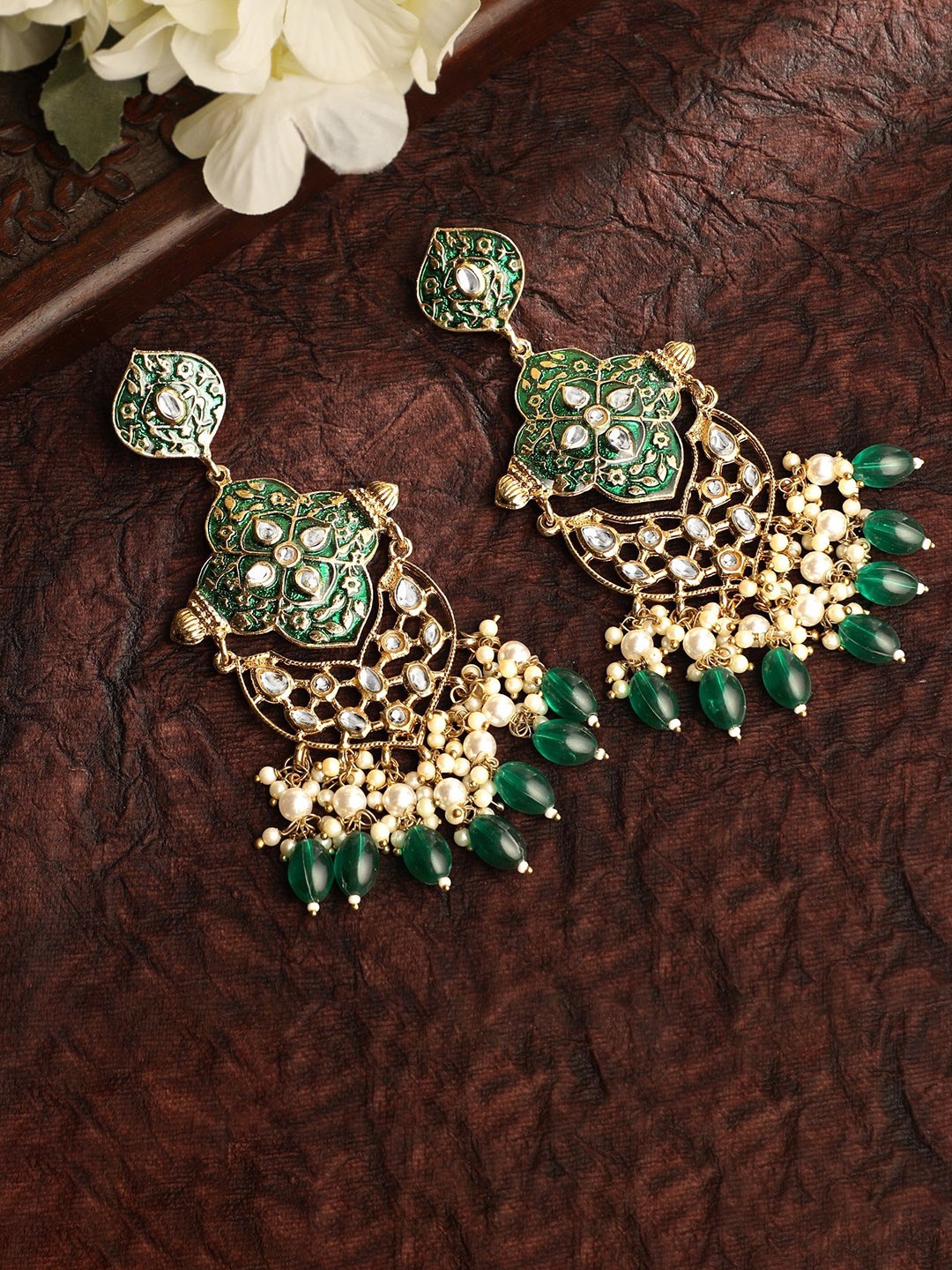 

Stefan Gold-Plated Kundan Studded Meenakari Chandbalis Earrings, Green