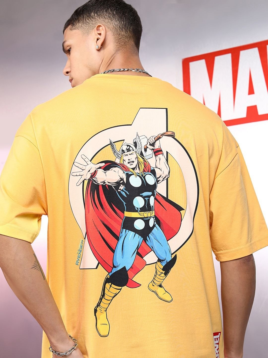 

HIGHLANDER Marvel Men Thor Round Neck Oversized Drop Shoulder Tshirt, Yellow