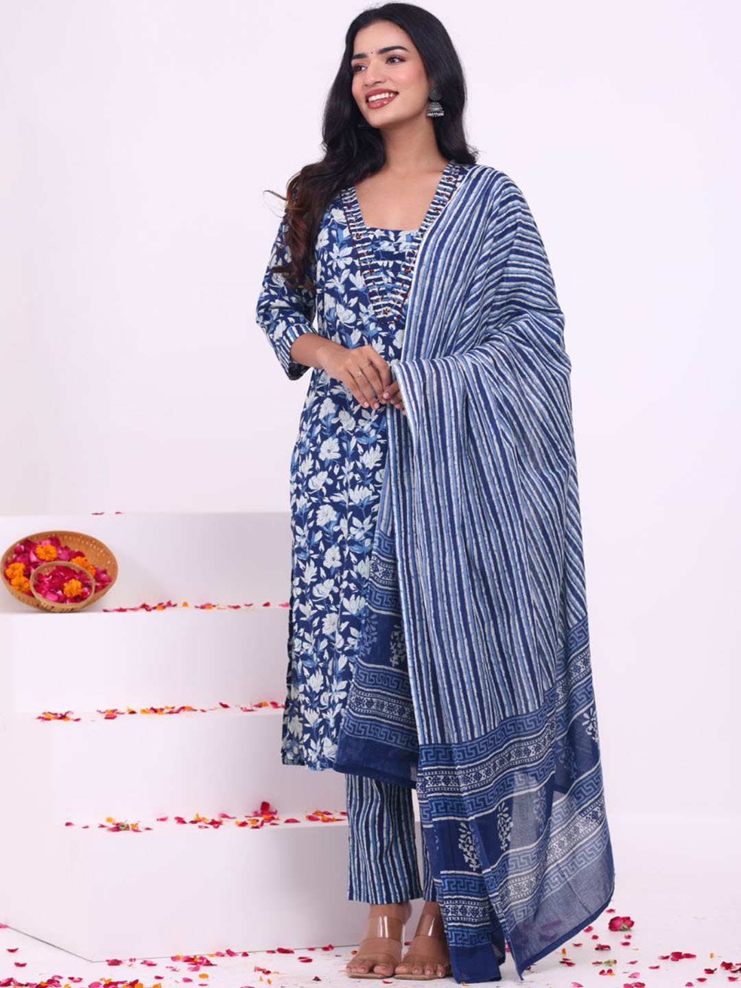 

KALINI Floral Printed Thread Work Pure Cotton Straight Kurta With Trousers & Dupatta, Blue