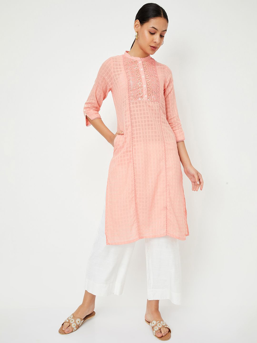 

max Yoke Design Thread Work Straight Kurta, Orange