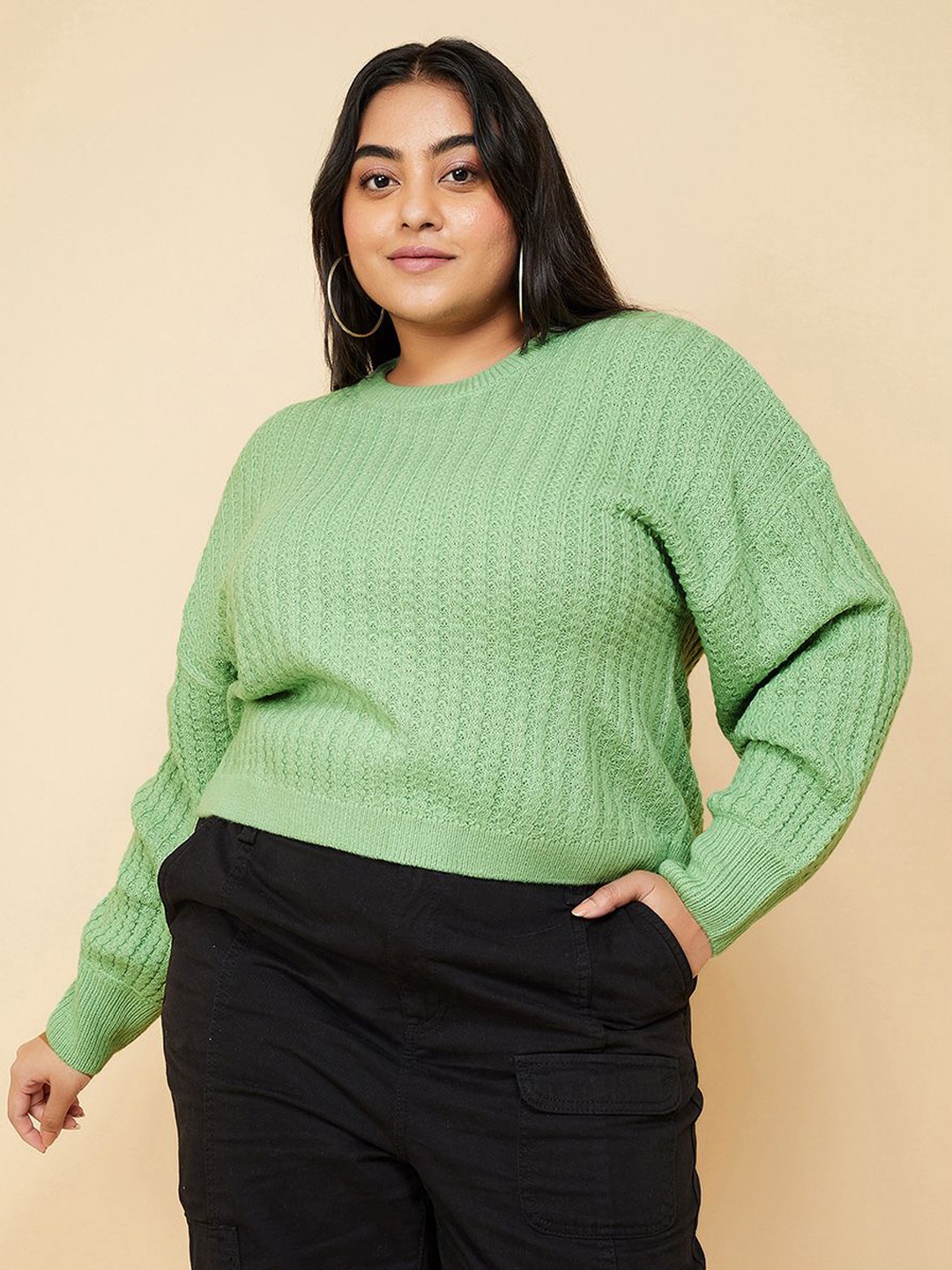 

max Women Plus Size Cable Knit Pullover, Green