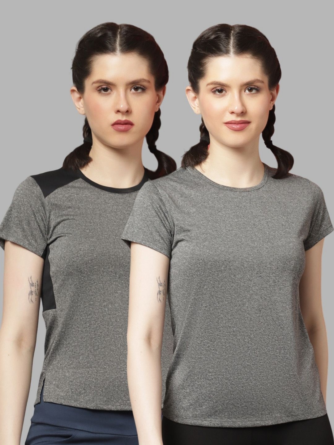 

Friskers Women Pack Of 2 Colourblocked Round Neck T-shirts, Grey