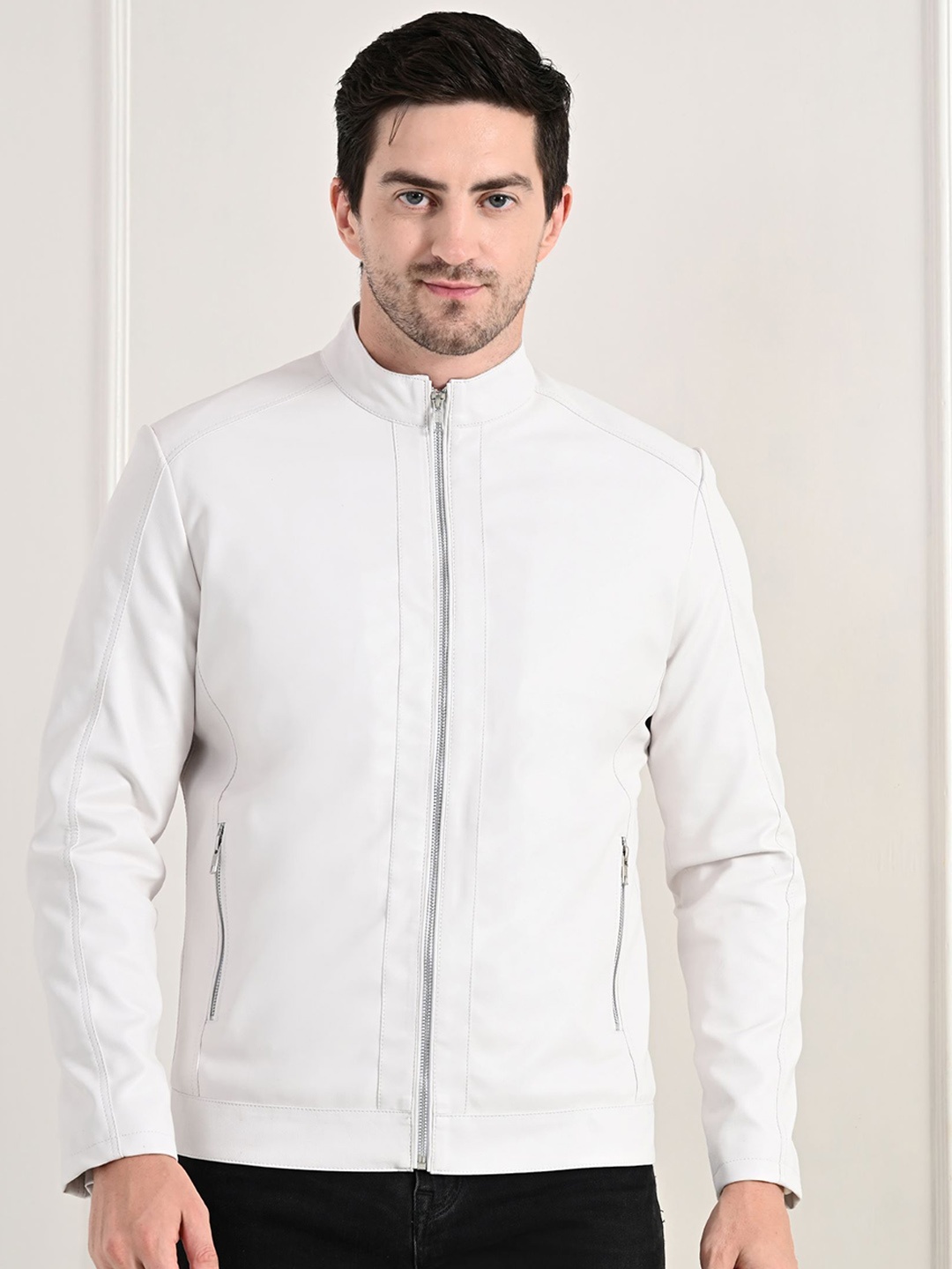

TBOJ Men Mock Collar Solid Casual Biker Jacket, White