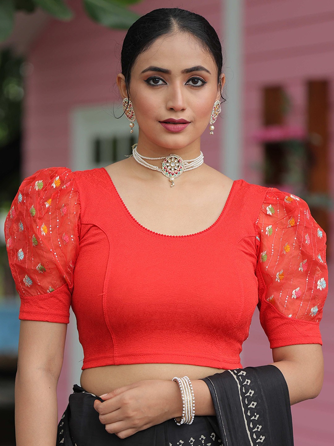 

Jaanvi Women Red Embroidered Short Puff Sleeves Round Neck Saree Blouse
