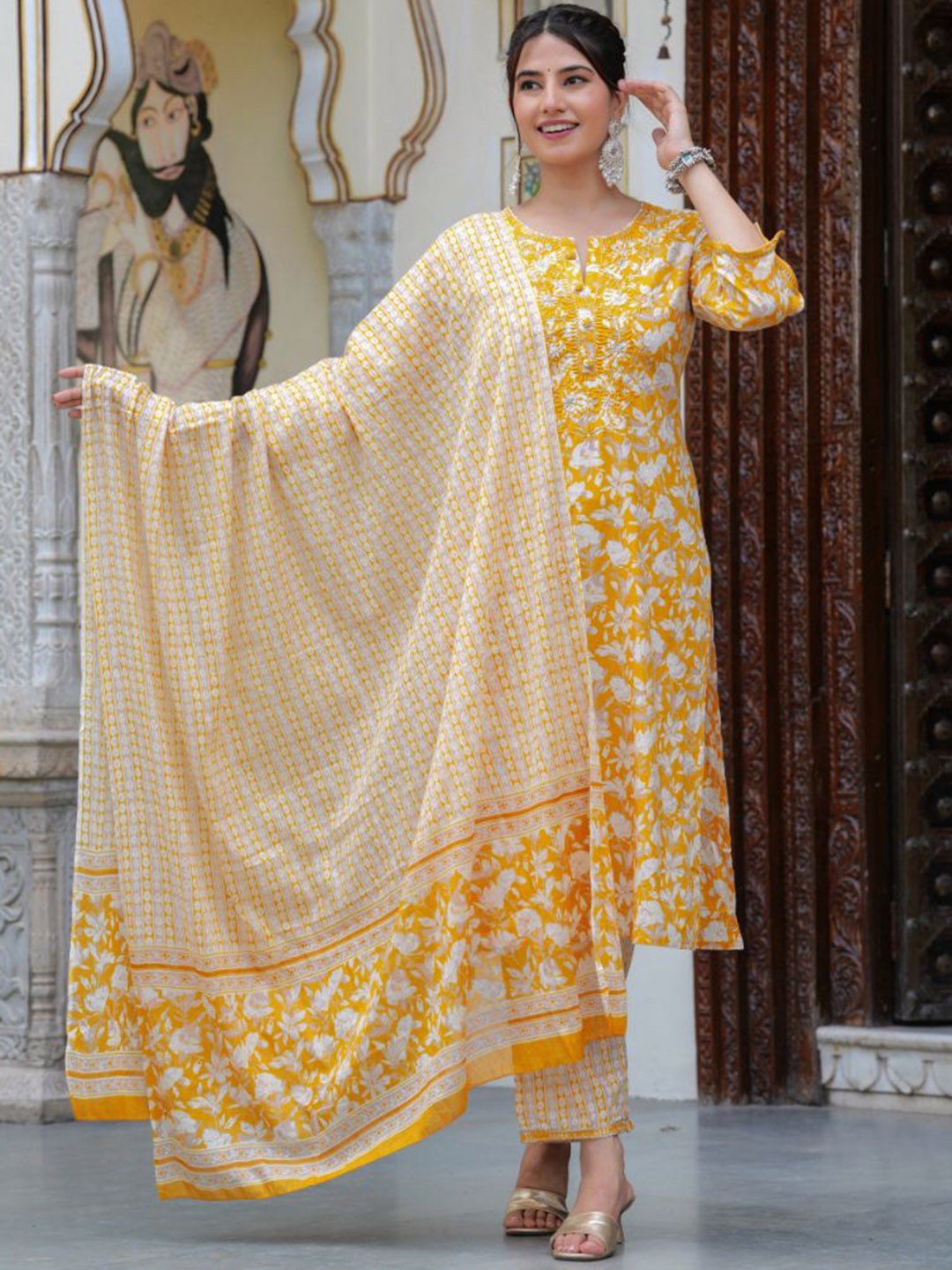 

KALINI Floral Printed Pure Cotton Straight Kurta With Trousers & Dupatta, Yellow